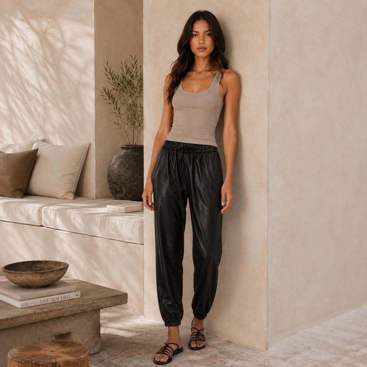 Enza Costa Women's 3 Jogger Pants Large Black Faux Leather Drawstring Usa Made